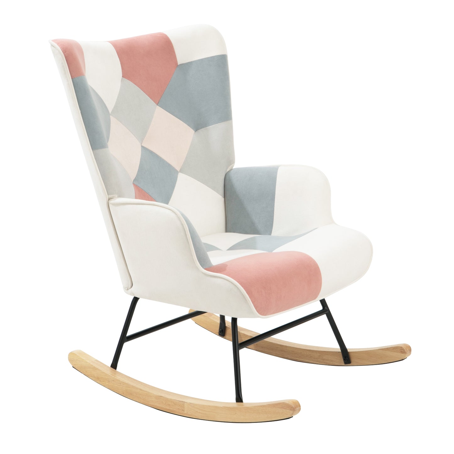 Mid Century Fabric Rocker Chair with Wood Legs Patchwork Linen for Living Room Bedroom