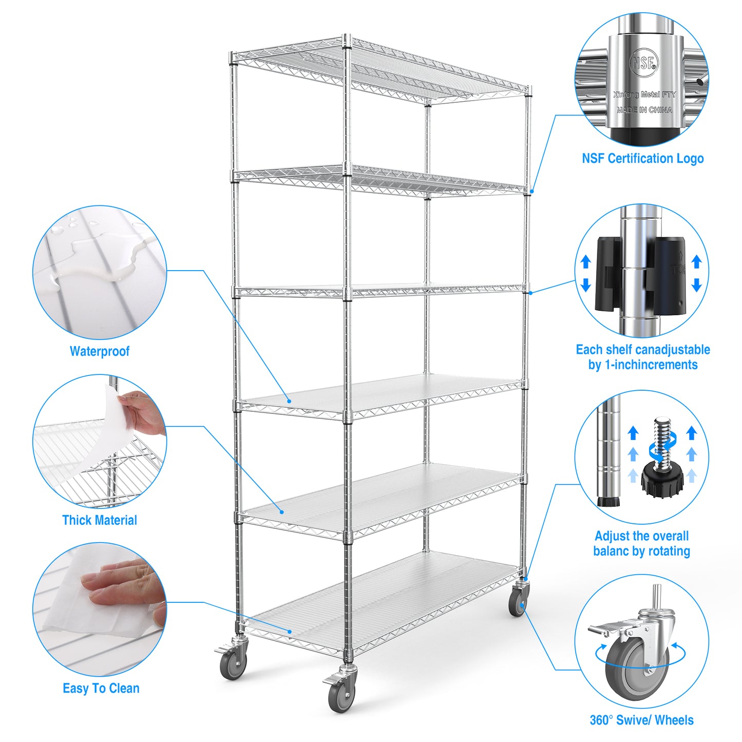 Heavy Duty 6 Tier Wire Shelving Unit 6000 LBS Capacity Height Adjustable Metal Garage Storage Shelves with Wheels Chrome Finish