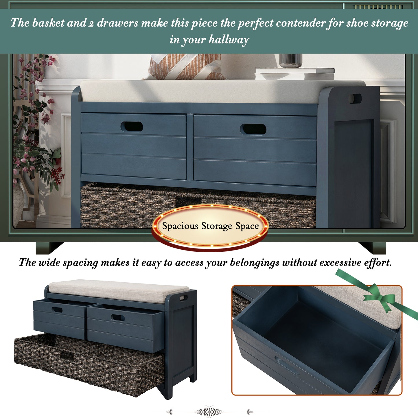 Storage Bench with Removable Basket and 2 Drawers Fully Assembled Shoe Bench with Cushion Navy