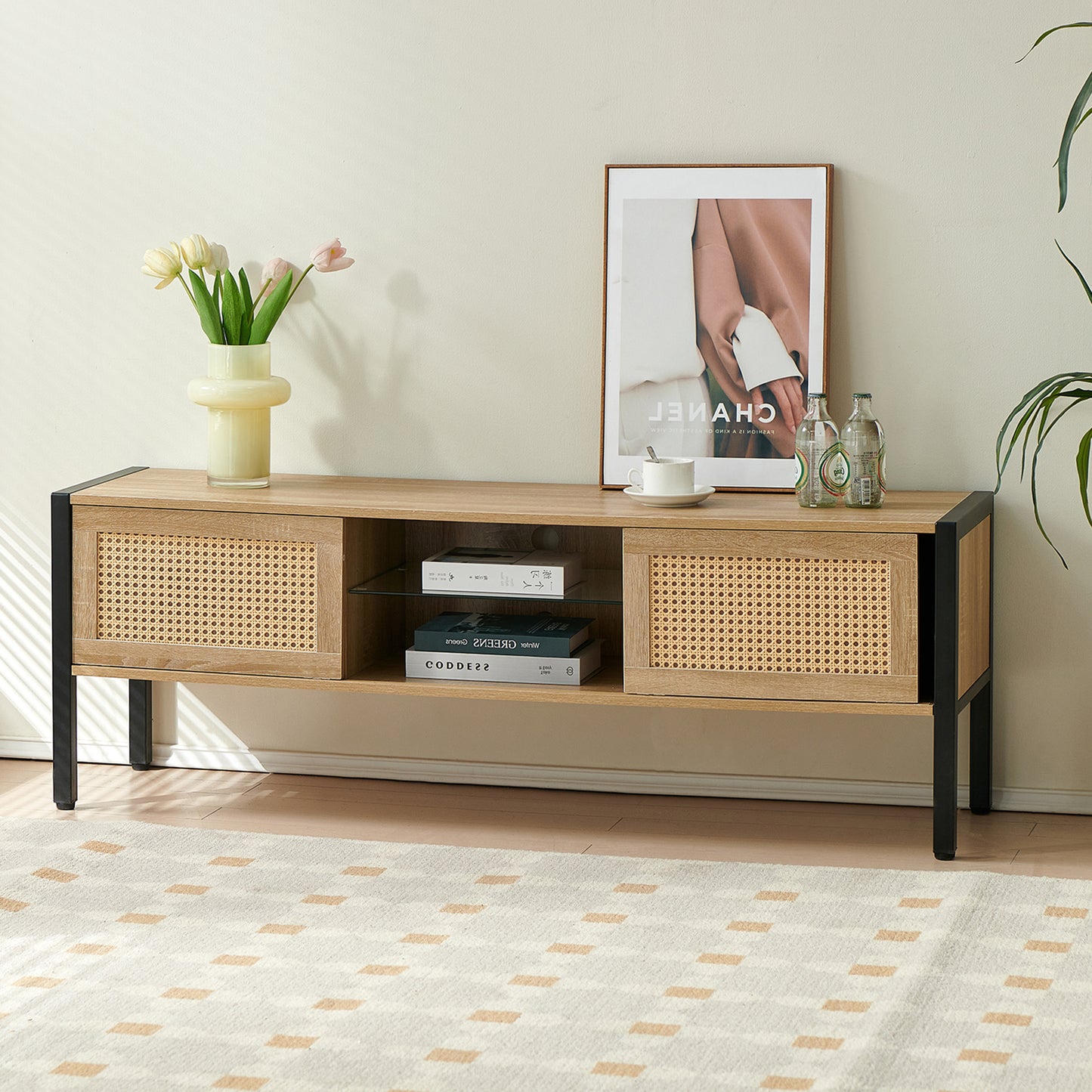 Rattan TV Cabinet with Adjustable Shelf Double Sliding Doors and Color Light Strip Metal Legs for Living Room Storage