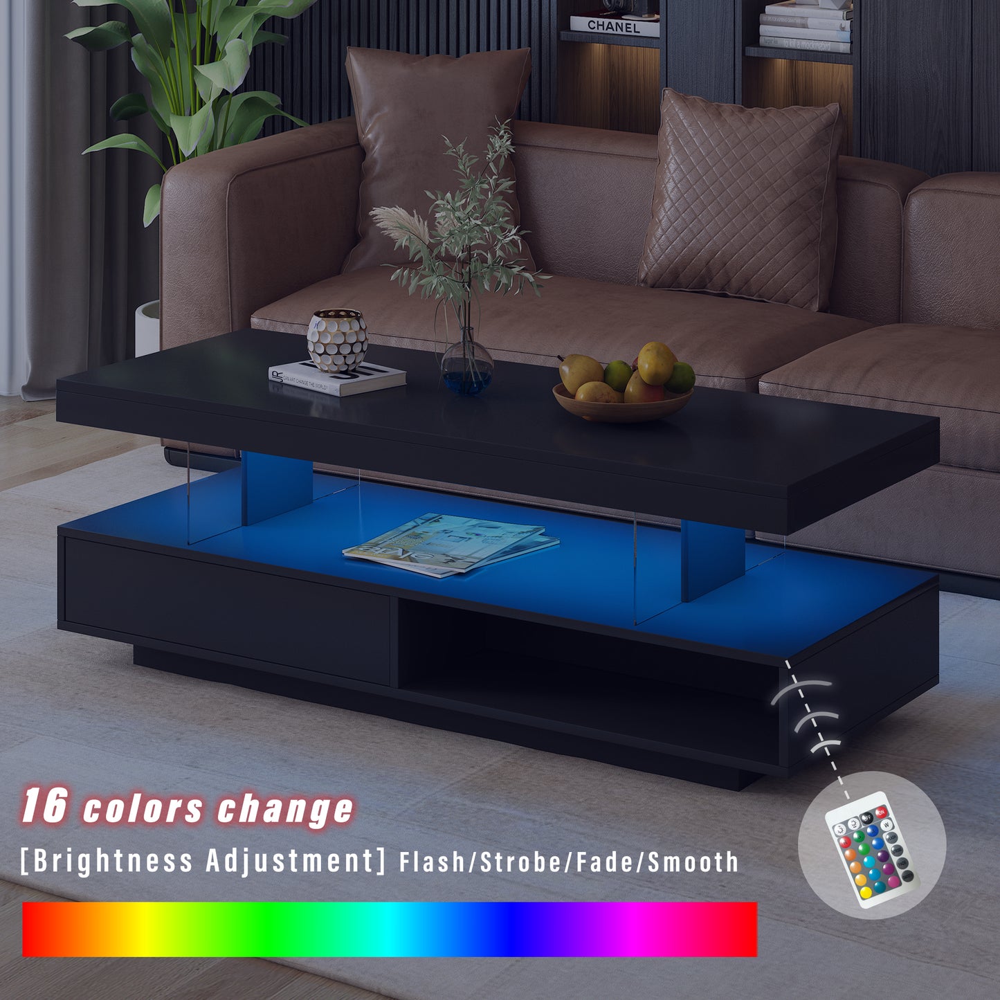 Modern LED Coffee Table with Storage and Display Shelves, Black Center Table with 2 Drawers for Living Room