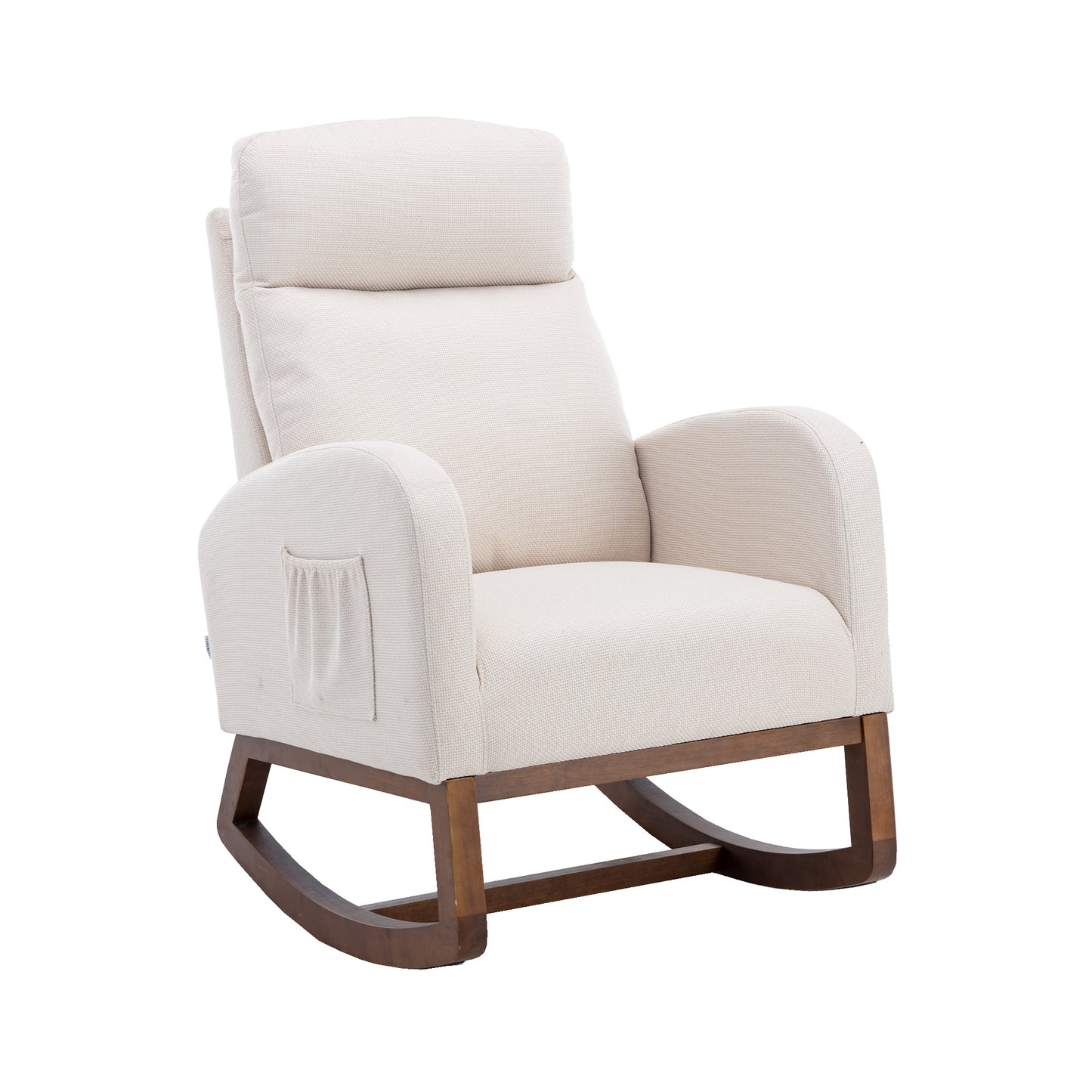 Modern Glider Recliner Armchair with Wood Legs and Side Pocket for Nursery Living Room Bedroom Beige Linen