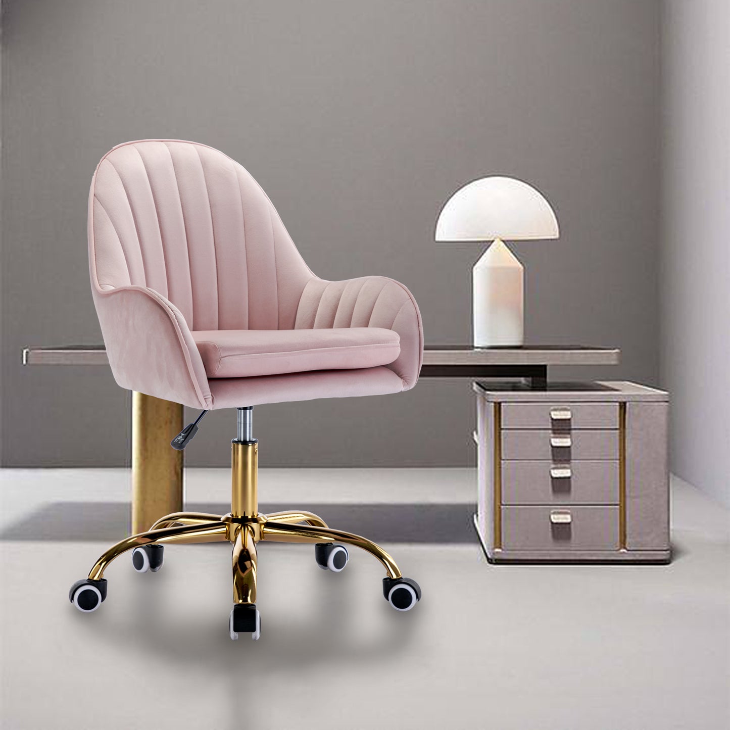 Velvet Home Office Chair with Wheels Adjustable Height Pink Cute Chair with Gold Metal Base for Living Room Bedroom Vanity Room