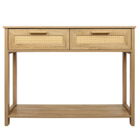 Console Table with 2 Drawers and Open Storage Shelf Narrow Accent Table Rattan Design for Living Room Entryway Hallway Natural Color