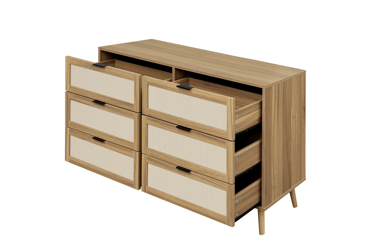 Modern 6 Drawer Wood Dresser Cabinet in Walnut Finish for Bedroom Storage