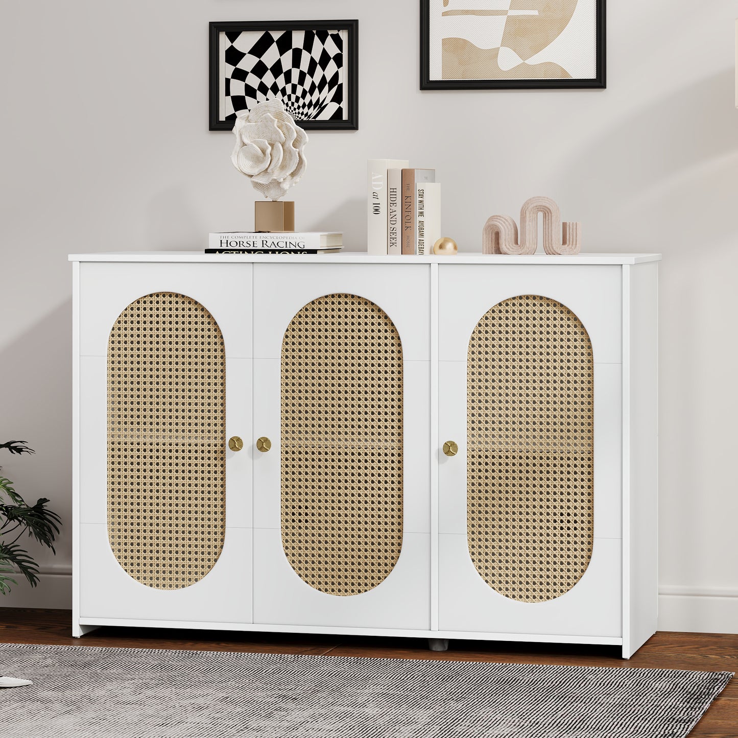 Retro 3-Door Accent Cabinet with Rattan Doors and Metal Handles for Living Room and Hallway Storage White