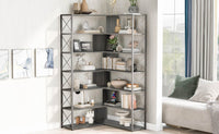 L-Shaped 7-Tier Corner Bookcase Industrial Style Metal Frame Open Storage Shelf MDF Board Home Office Furniture