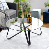 Round Coffee Table 31.5 Inch Modern Tempered Glass Top Metal Legs Accent Side End Table Black