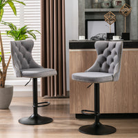 Adjustable Swivel Velvet Barstools Set of 2 Gray Modern Upholstered Tufted Back for Kitchen Island Home Pub 25-33 Inch