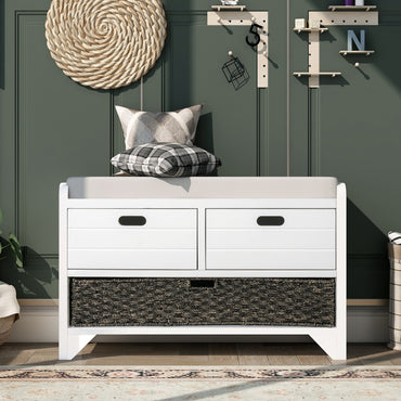 Storage Bench with Removable Cushion and 2 Drawers, Fully Assembled Shoe Organizer with Removable Basket, White