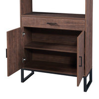 Tall Walnut Finish Open Bookshelf with LED Lights and Storage Drawer for Living Room and Office