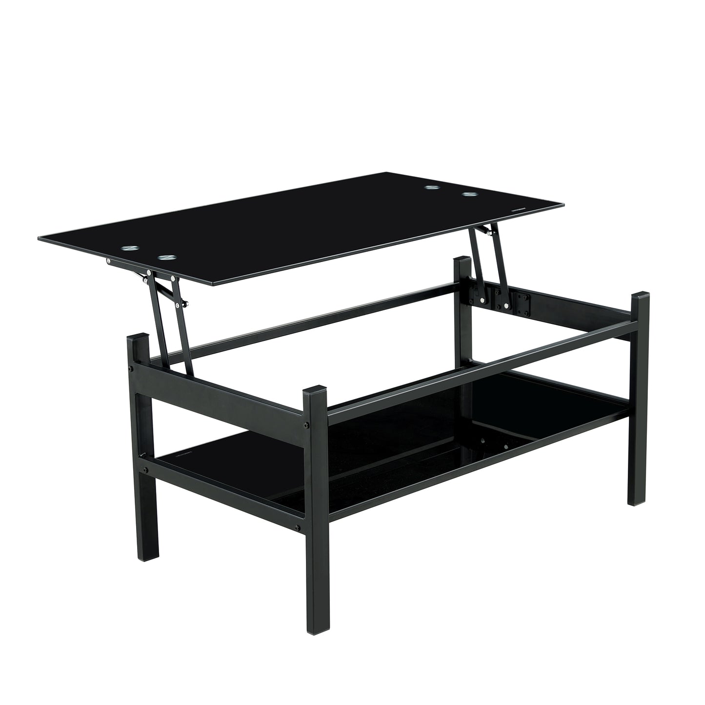 Modern Glass Lift Top Coffee Table with 2-Layer Design for Living Room Black Tempered Glass