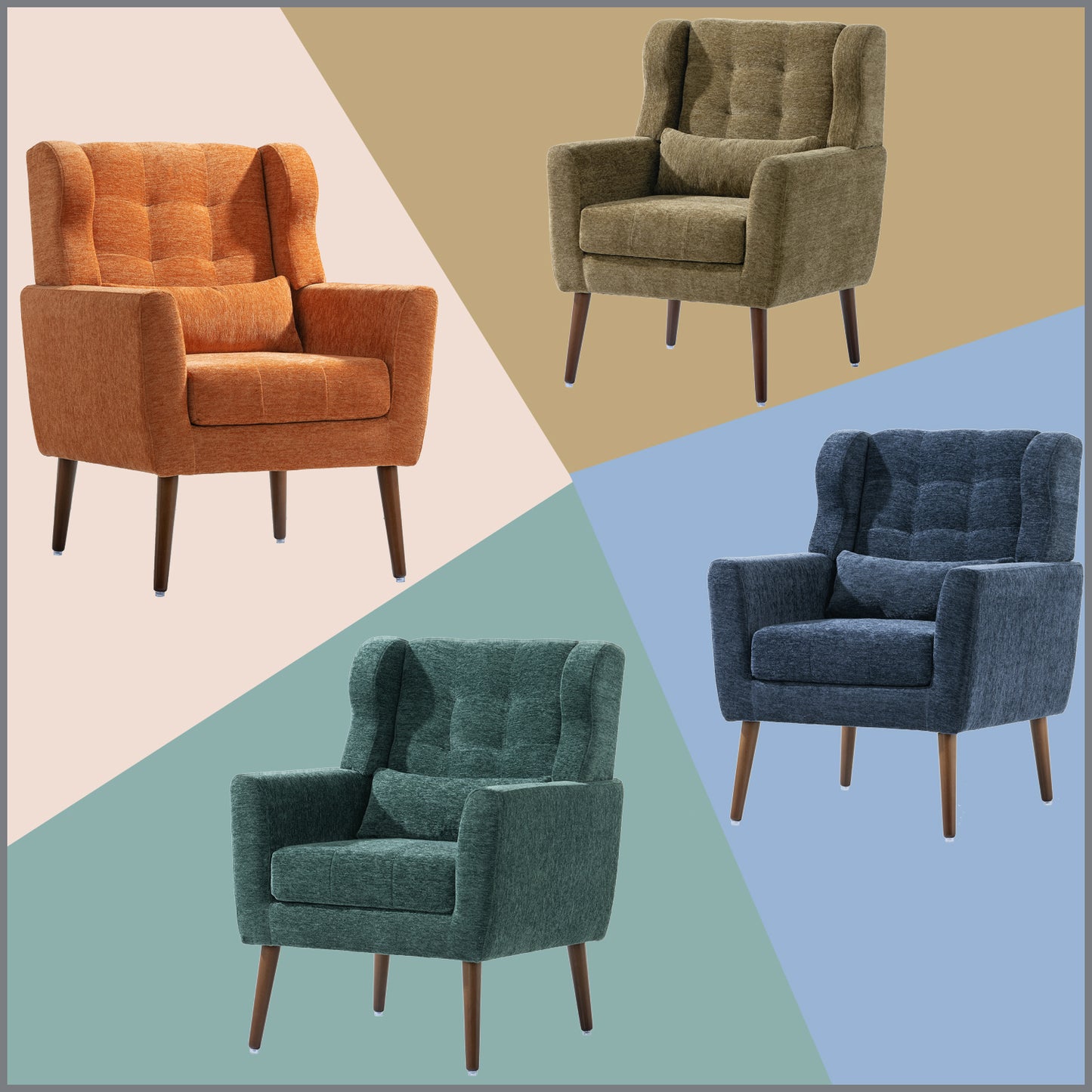 Chenille Modern Accent Chair with Pillow Soft Upholstered Armchair for Living Room Bedroom Solid Wood Legs Blackish Green