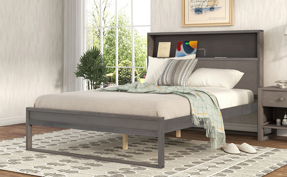 Full Size Platform Bed with Storage Headboard USB Ports and Sockets Antique Gray