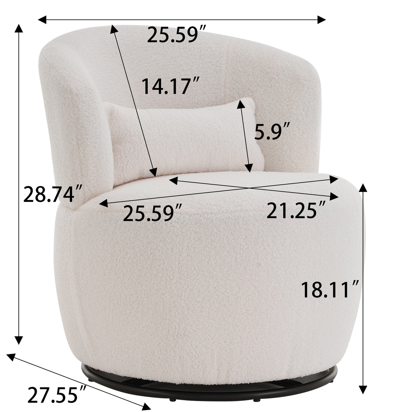 White Plush Swivel Accent Chair - Contemporary Round Armchair with 360° Rotation and Metal Base for Living Room Elegance