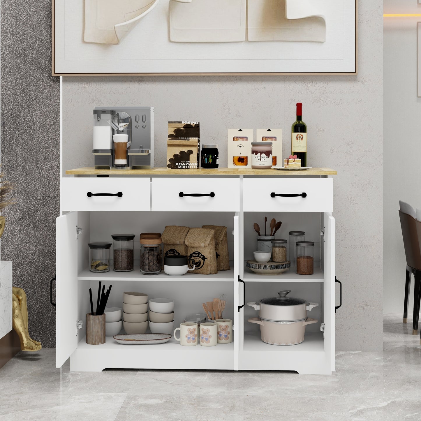 Farmhouse Buffet Cabinet Storage Sideboard with 3 Drawers and 3 Doors for Dining Room Kitchen Cupboard White