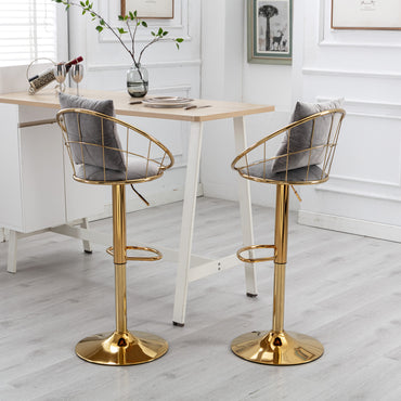 Grey Velvet Bar Chairs Set of 2 Gold Plated Unique Design 360 Degree Rotation Adjustable Height Dining Room and Bar