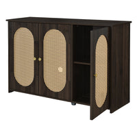 Retro 3-Door Accent Cabinet with Rattan Doors and Metal Handles for Living Room and Hallway Storage Brown