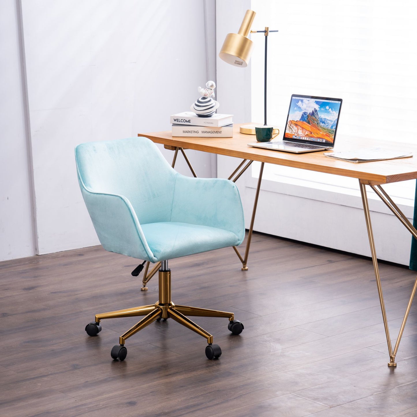 Modern Velvet Adjustable Height 360 Revolving Home Office Chair Aqua Light Blue Gold Metal Legs Universal Wheels