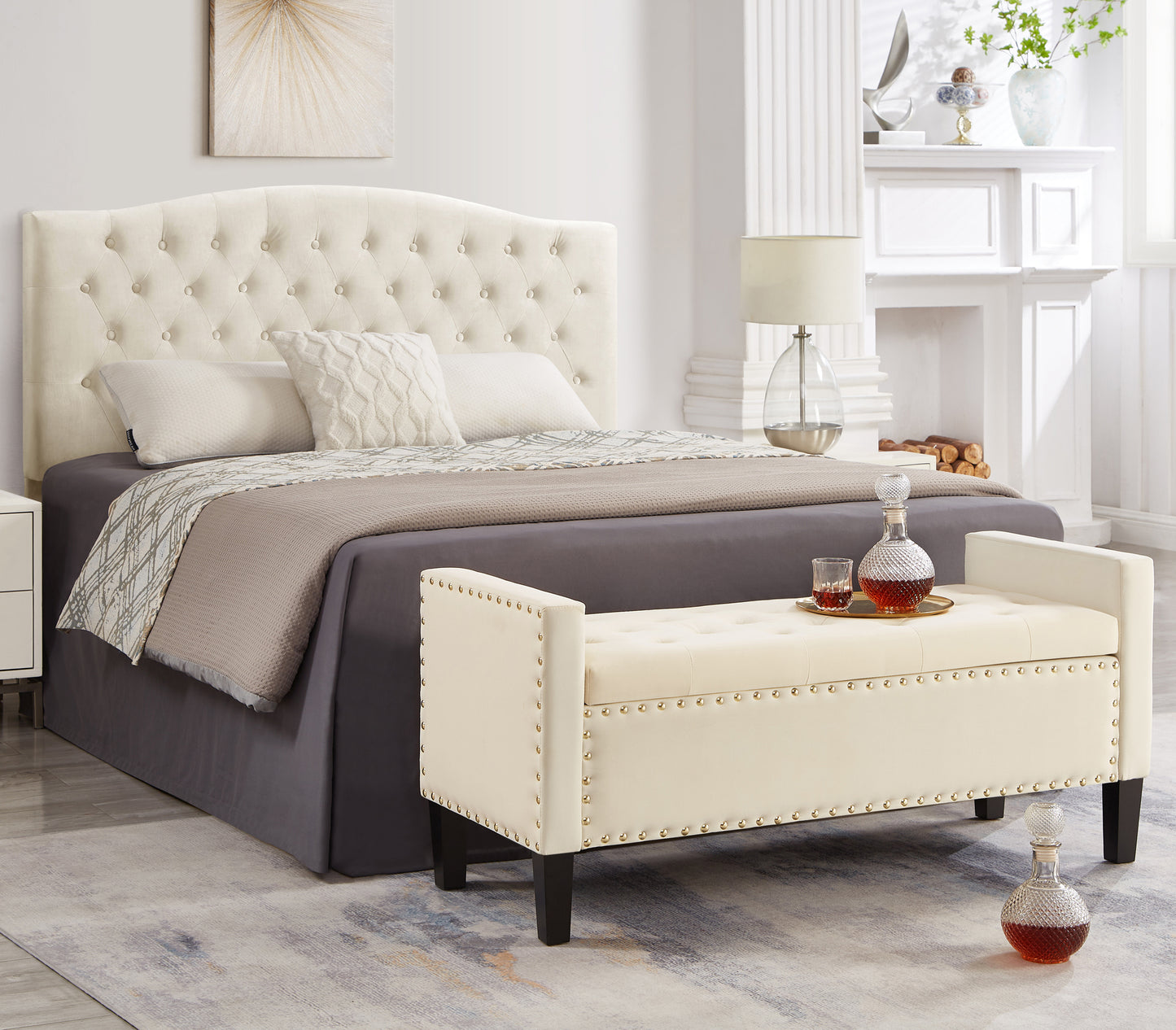 Upholstered Tufted Button Storage Bench with Nail Trim Soft Padded Seat Armrest Entryway Living Room Cream Bed Bench