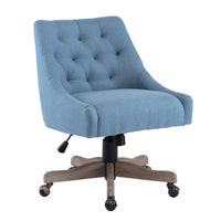 Adjustable Height Swivel Office Chair with Wheels Linen Fabric Upholstered Desk Chair Wooden Legs Navy