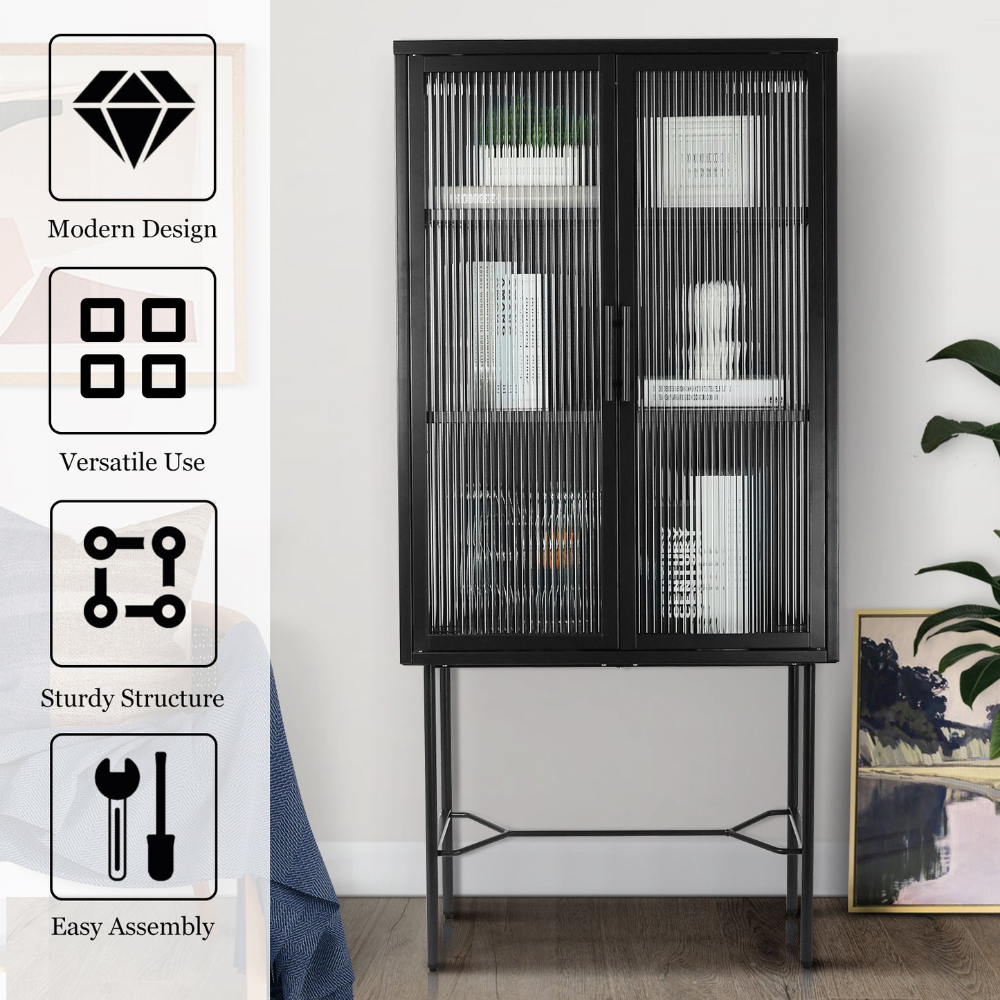 Elegant Floor Cabinet with 2 Tempered Glass Doors Adjustable Shelves Dust-Free Easy Assembly Black Living Room Display Storage