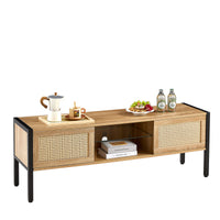 Rattan TV Cabinet with Adjustable Shelf Double Sliding Doors and Color Light Strip Metal Legs for Living Room Storage