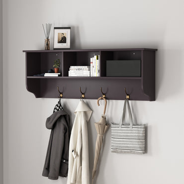 Espresso Wall Mounted Coat Rack with 4 Dual Hooks & Wooden Storage Shelf for Entryway & Living Room