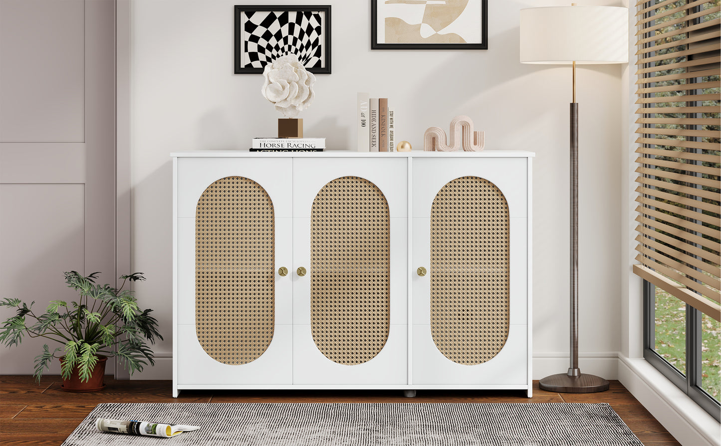 Retro 3-Door Accent Cabinet with Rattan Doors and Metal Handles for Living Room and Hallway Storage White