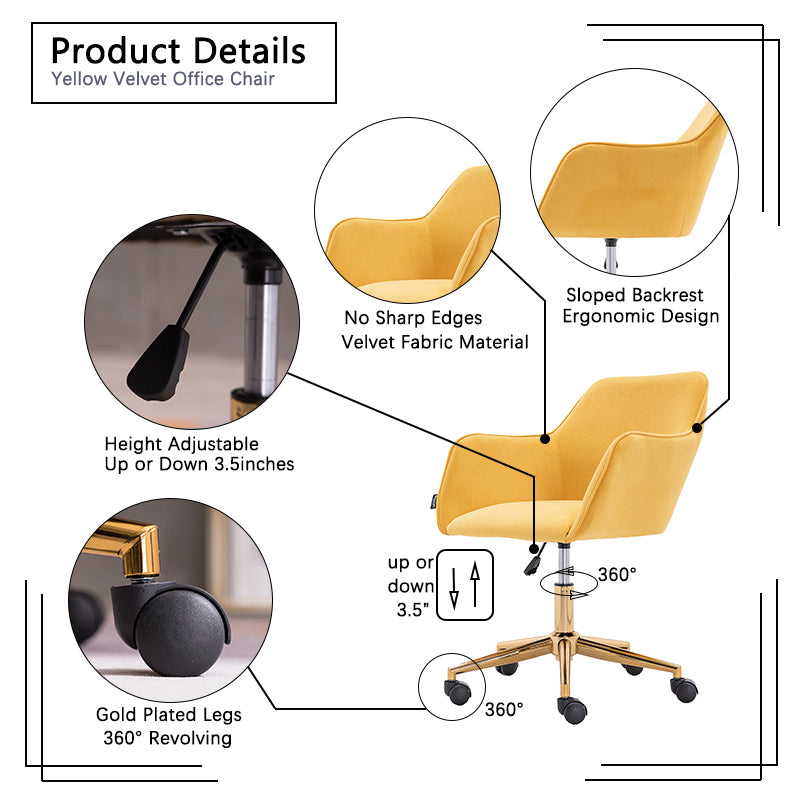 Modern Velvet Adjustable Height 360 Revolving Home Office Chair Gold Metal Legs Universal Wheels Indoor Yellow