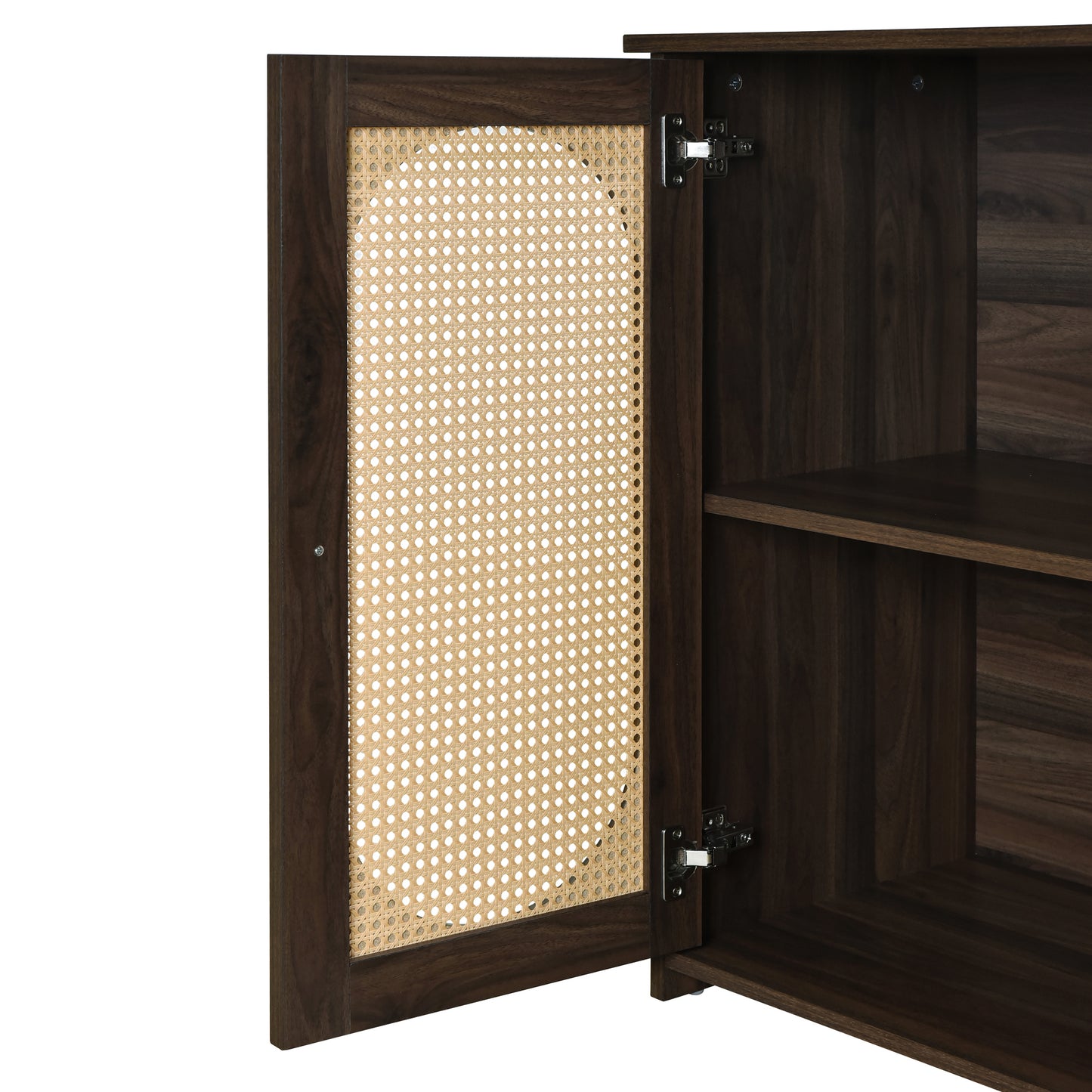 Retro 3-Door Accent Cabinet with Rattan Doors and Metal Handles for Living Room and Hallway Storage Brown