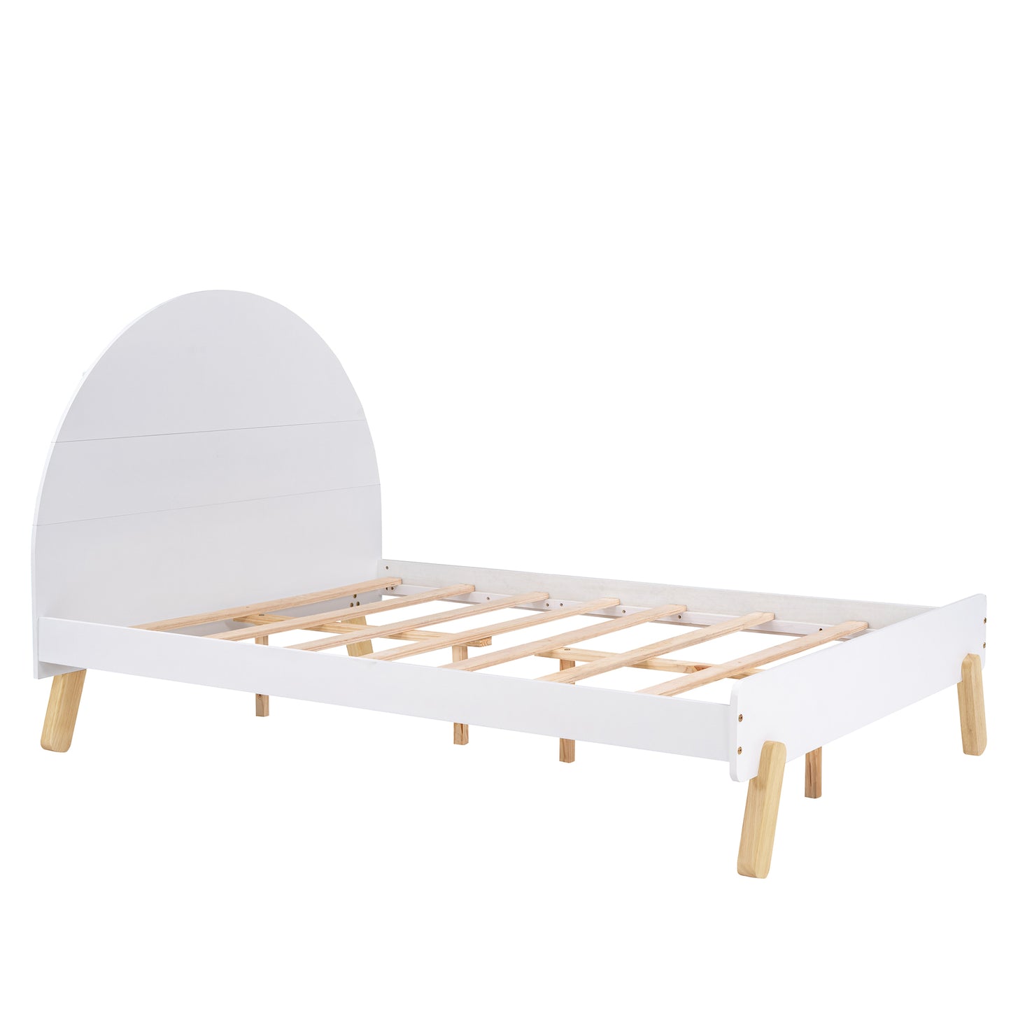 Wooden Cute Full Size Platform Bed with Curved Headboard and Shelf White