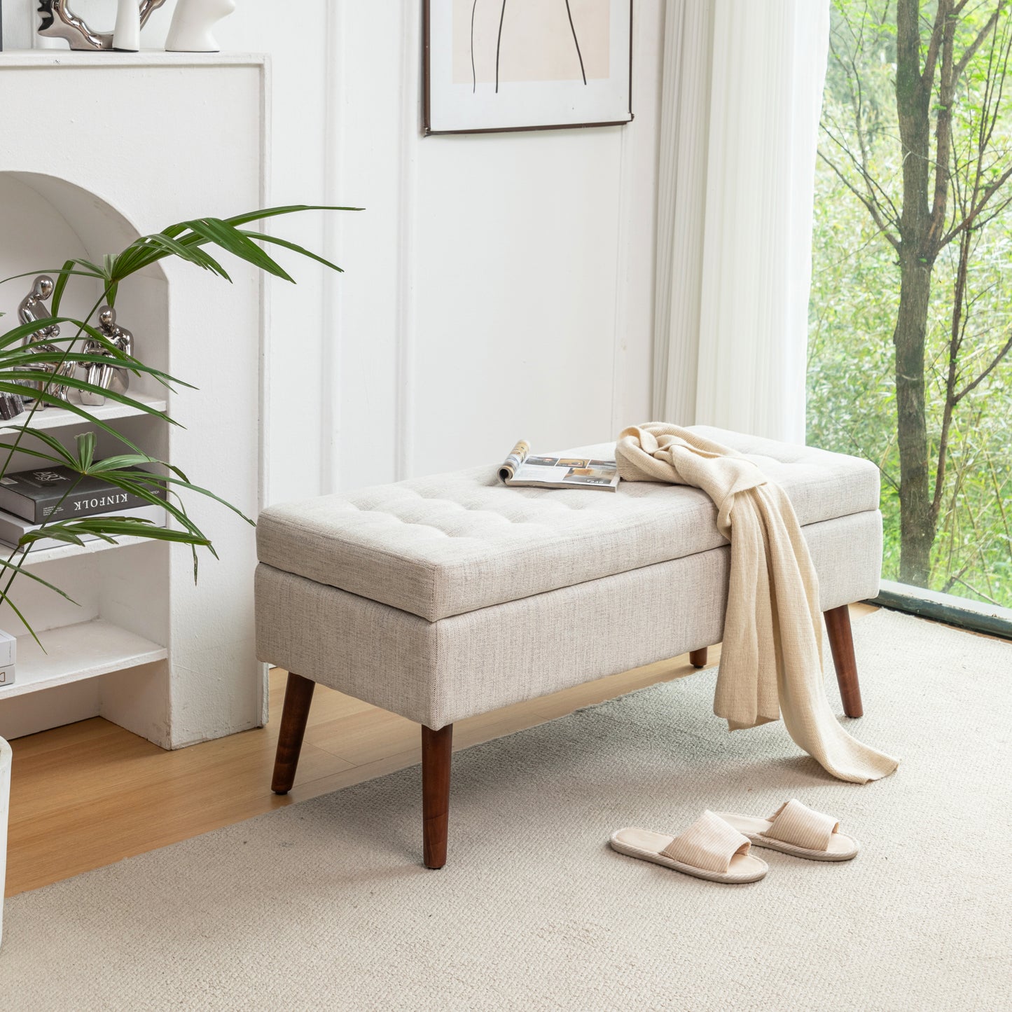 Off White Storage Bench for Bedroom or Entryway 43.7 Inch Ottoman Foot of Bed Seating Solution