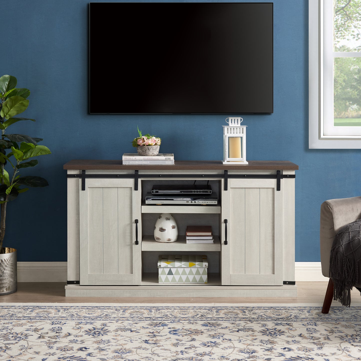 Classic Farmhouse TV Stand for TVs Up to 60 inches with Sliding Doors and Open Storage Light Gray 54.5 InchW 15.75 InchD 30.5 InchH