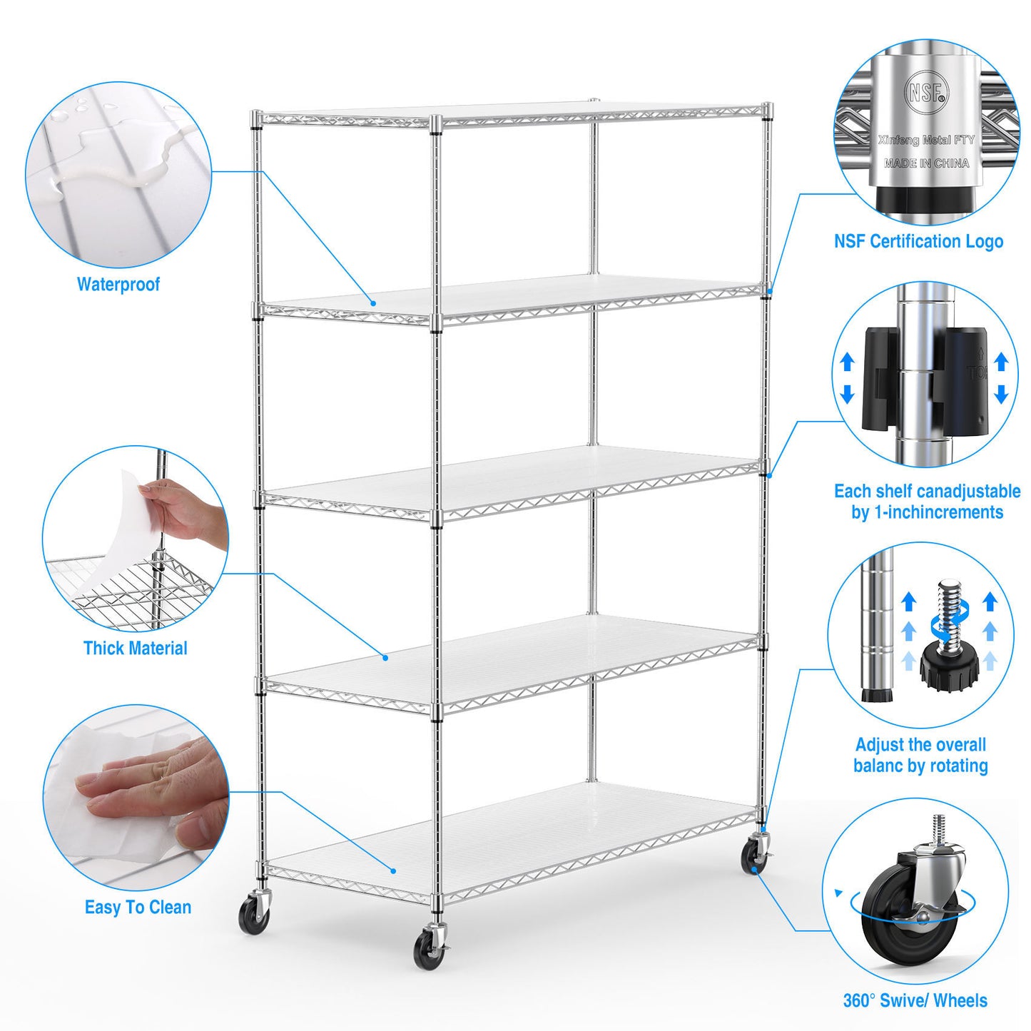 5 Tier Heavy Duty Adjustable Storage Rack 6000lbs Metal Shelf Wire Shelving Unit with Wheels and Shelf Liners 82H x 48L x 24D Chrome