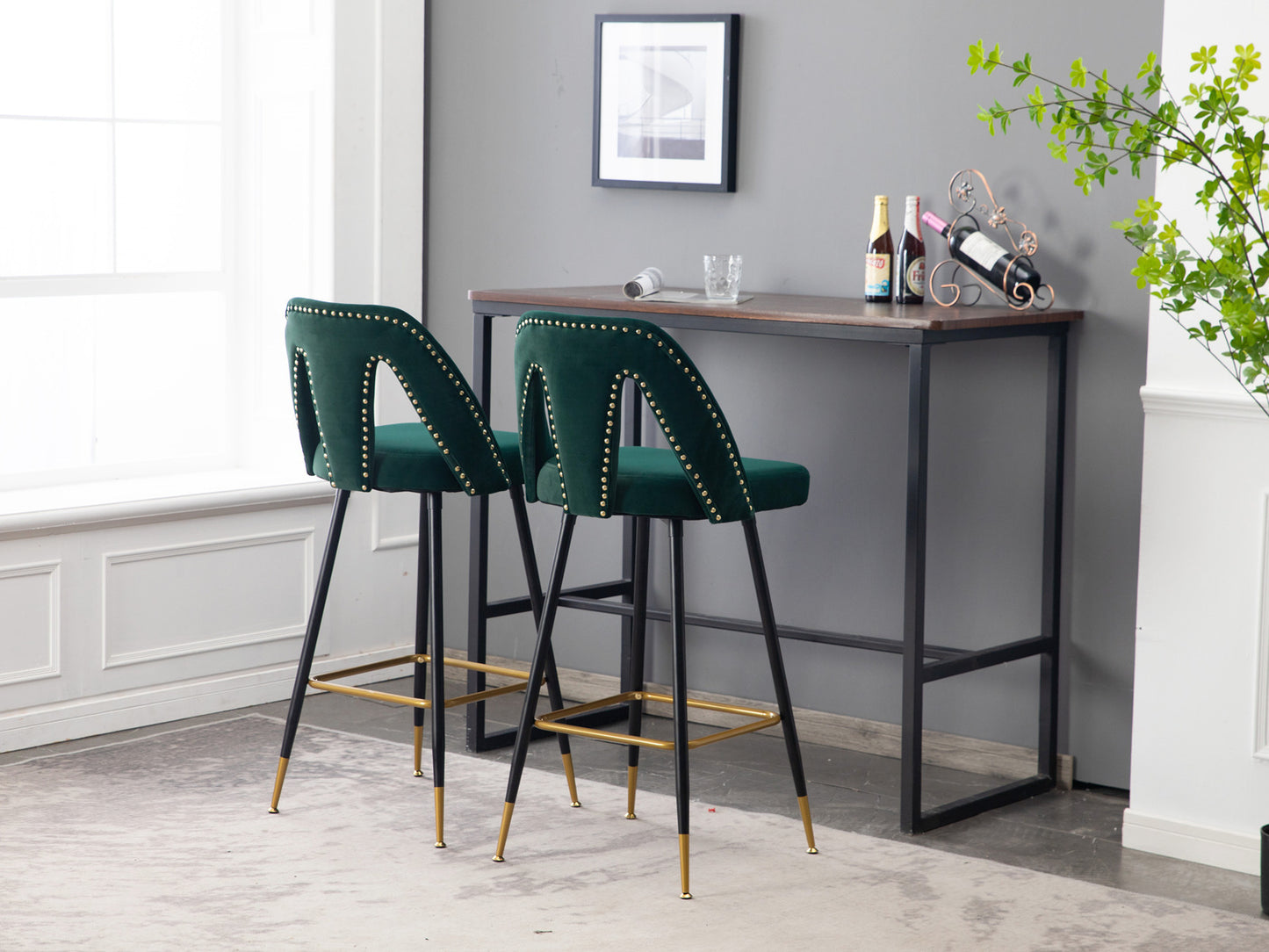 Modern Velvet Upholstered Bar Stool Set of 2 with Nailheads and Gold Tipped Black Metal Legs Green