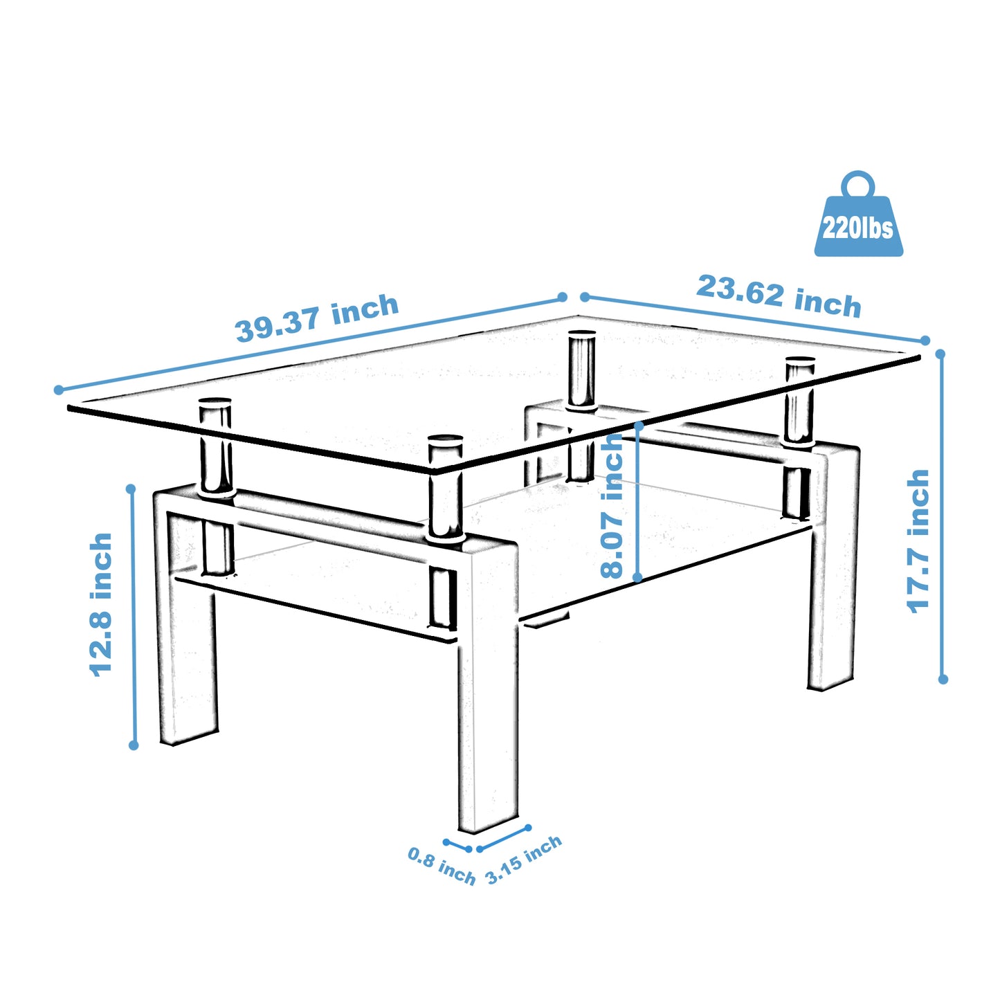 Modern Rectangle Black Glass Coffee Table Clear Center Table for Living Room Stylish Furniture