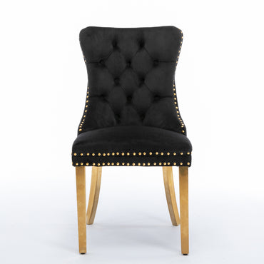 Modern High-end Tufted Solid Wood Velvet Upholstered Dining Chair Set of 2 with Golden Stainless Steel Legs and Nailhead Trim Black and Gold