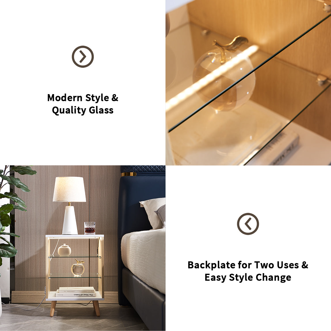 LED Nightstand with 2 Glass Shelves Modern Bedside Table Adjustable Brightness 3 Color LED Lighting Natural Wood for Bedroom Living Room