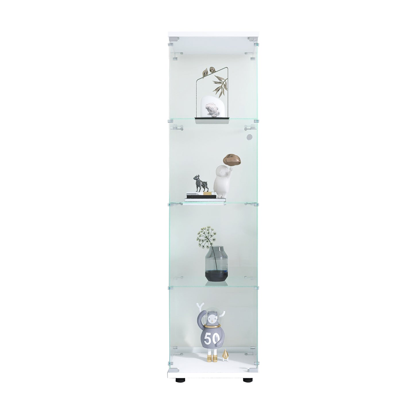 Glass Display Cabinet with 4 Shelves and Door Floor Standing Curio Bookshelf for Living Room Bedroom Office 64.7x16.7x14.3 White