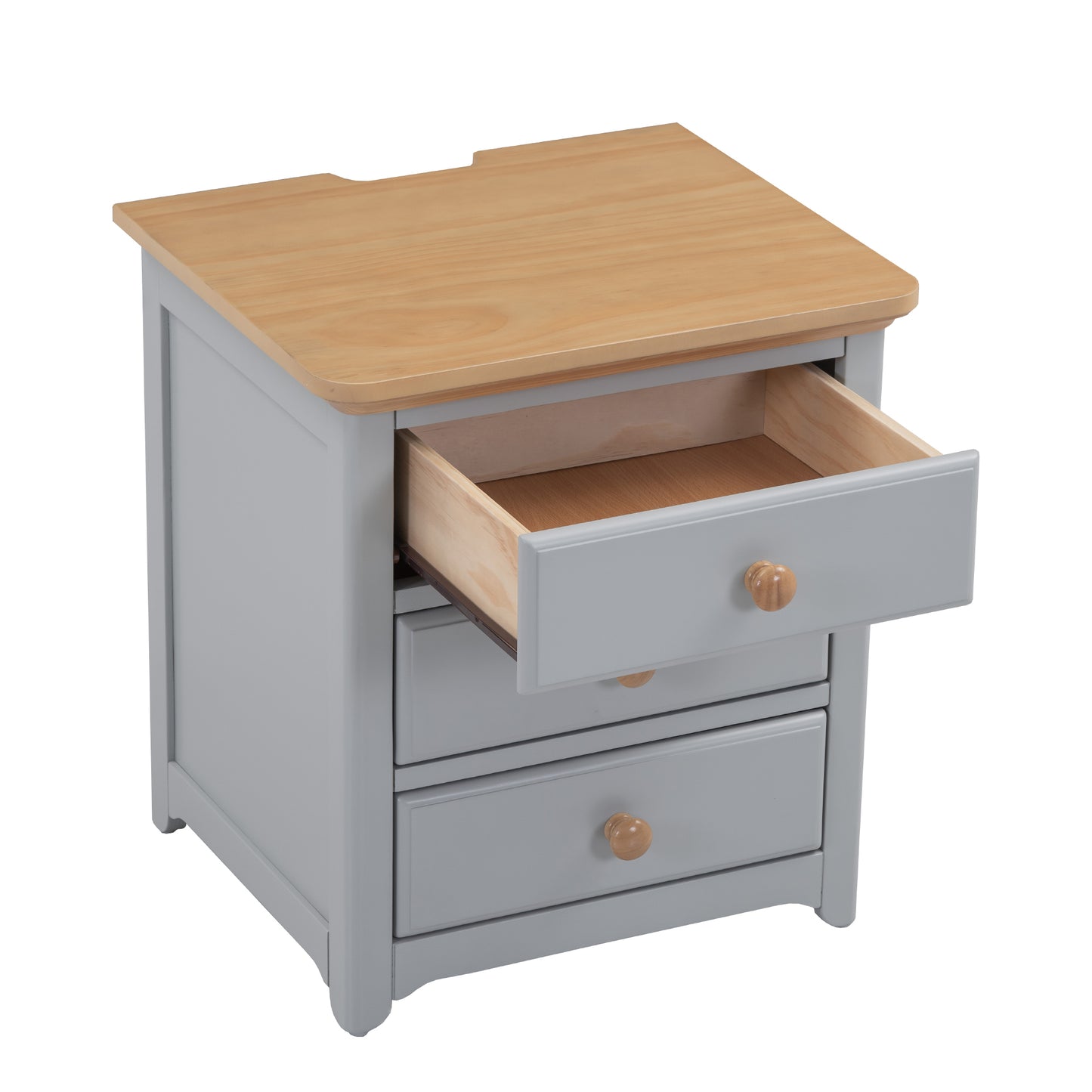 Wooden Nightstand with USB Charging Ports Three Drawers End Table for Bedroom Gray Natural Finish