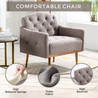 Modern Accent Chair with Arms, Tufted Decorative Fabric Upholstered Armchair with Gold Metal Legs, Stylish Reading Chair (Grey Teddy)