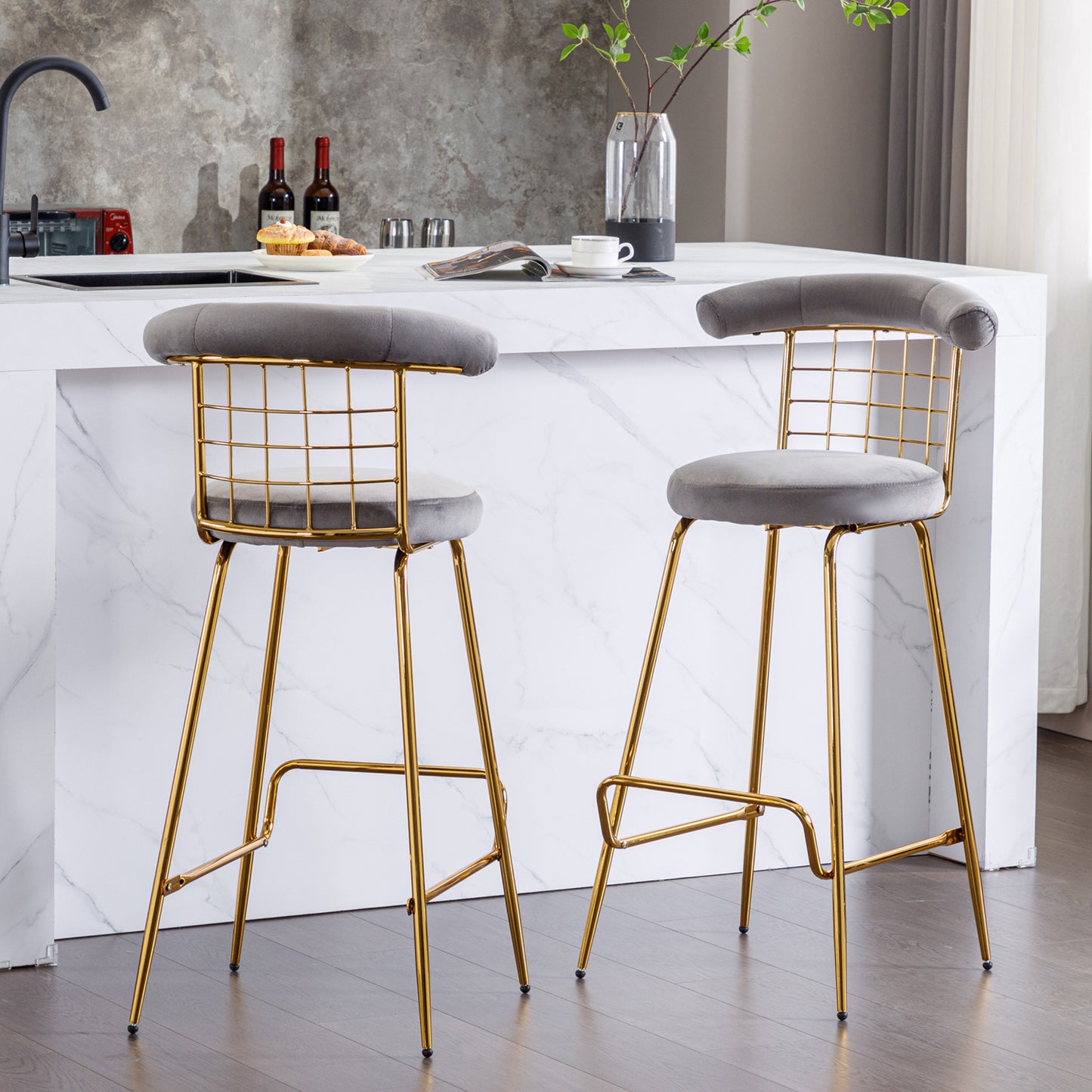 Luxury Velvet High Bar Stool Set of 2 with Metal Legs Soft Back Armless Modern Kitchen Dining Chairs Grey