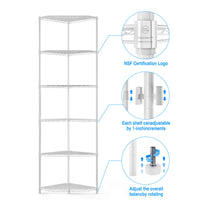 6 Tier Corner Wire Shelf Rack Adjustable Metal Heavy Duty Free Standing Storage Display for Bathroom Living Room Kitchen White