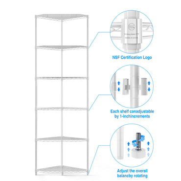 6 Tier Corner Wire Shelf Rack Adjustable Metal Heavy Duty Free Standing Storage Display for Bathroom Living Room Kitchen White