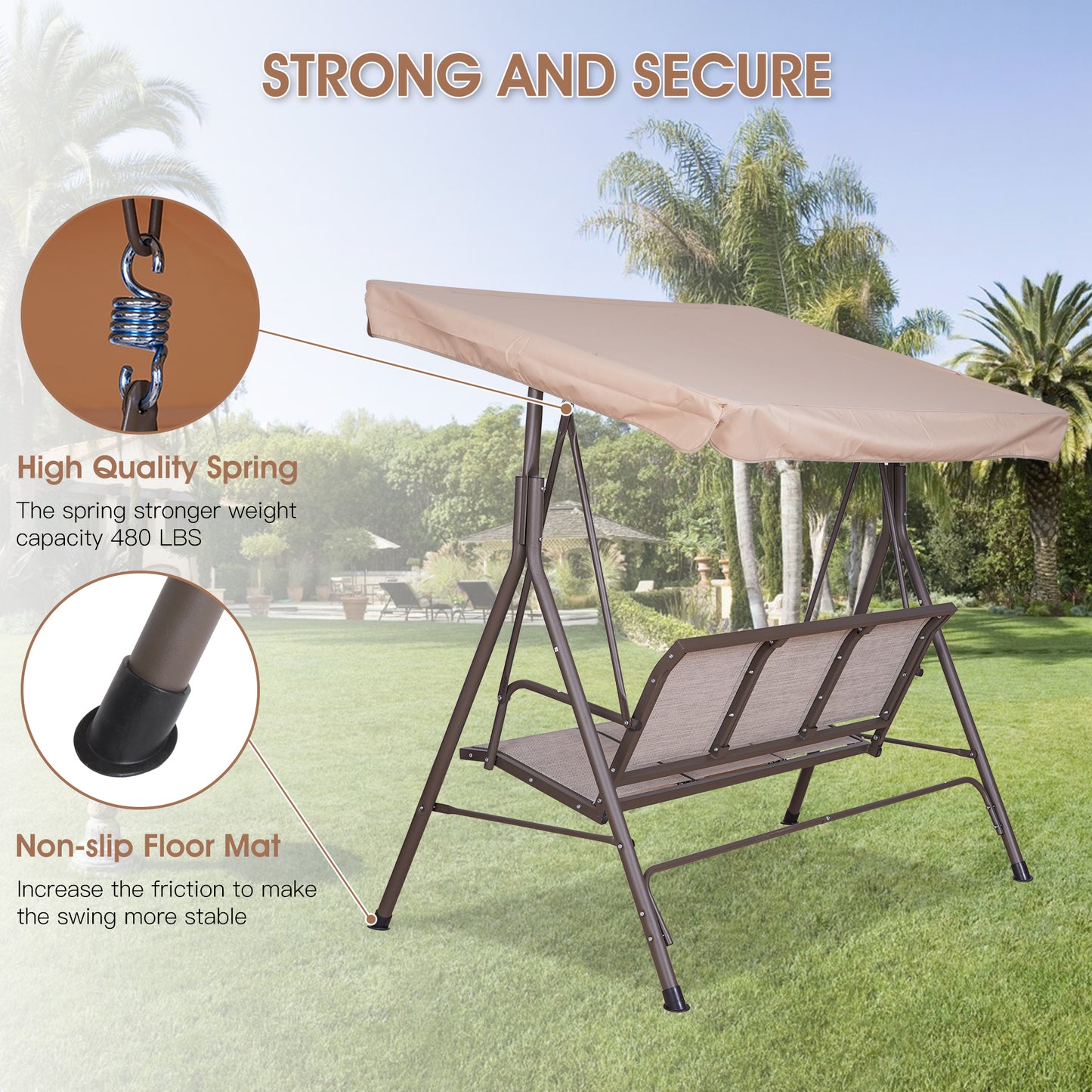 3 Person Outdoor Patio Swing Steel Frame Textilene Seats