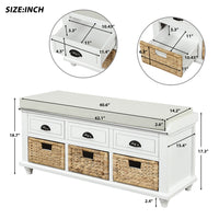 Rustic Storage Bench with 3 Drawers and 3 Rattan Baskets Shoe Bench for Living Room Entryway White