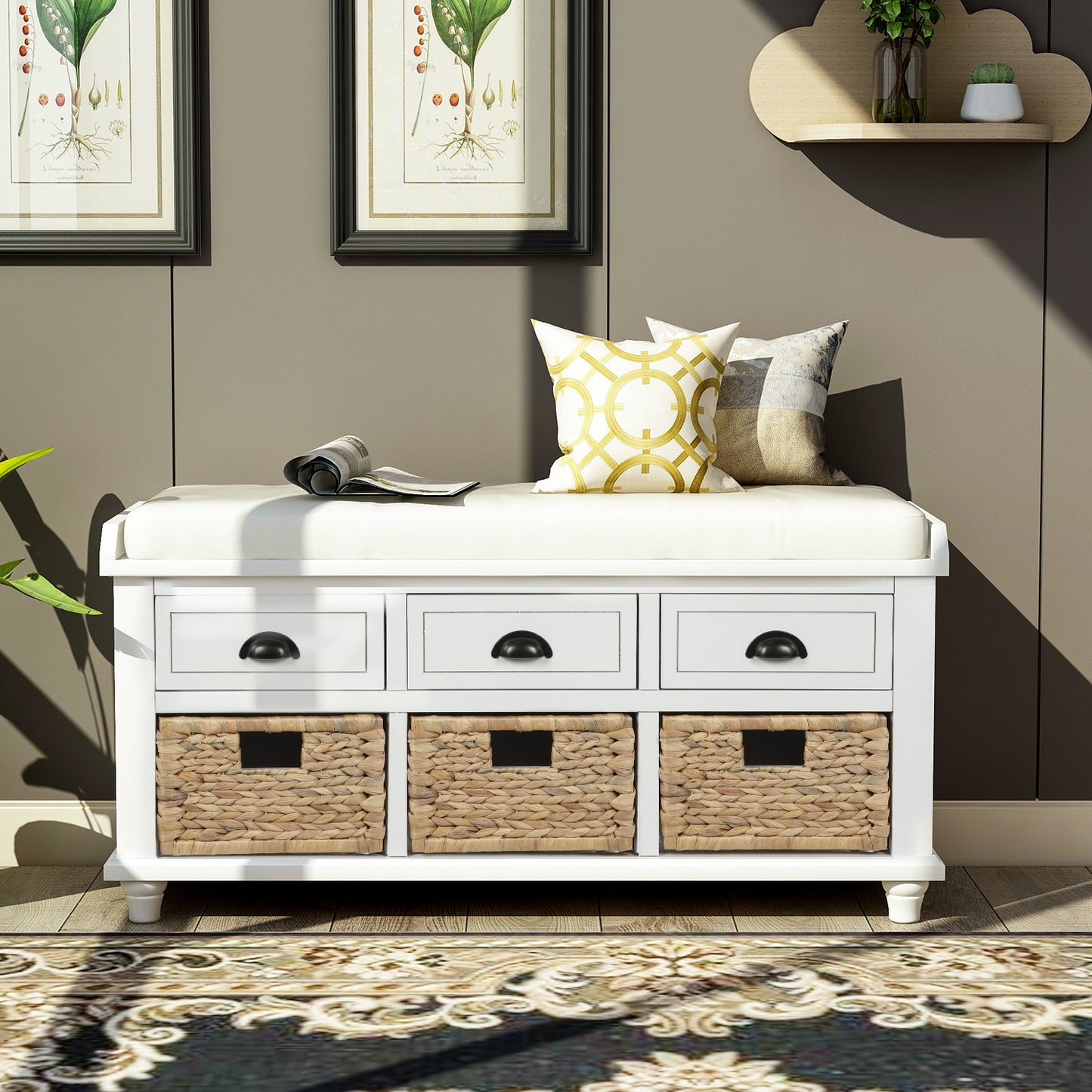 Rustic Storage Bench with 3 Drawers and 3 Rattan Baskets Shoe Bench for Living Room Entryway White