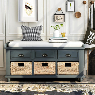 Rustic Storage Bench with 3 Drawers and 3 Rattan Baskets Shoe Bench for Living Room Entryway Antique Navy