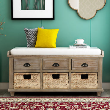 Rustic Storage Bench with 3 Drawers and 3 Rattan Baskets Shoe Bench for Living Room Entryway White Washed